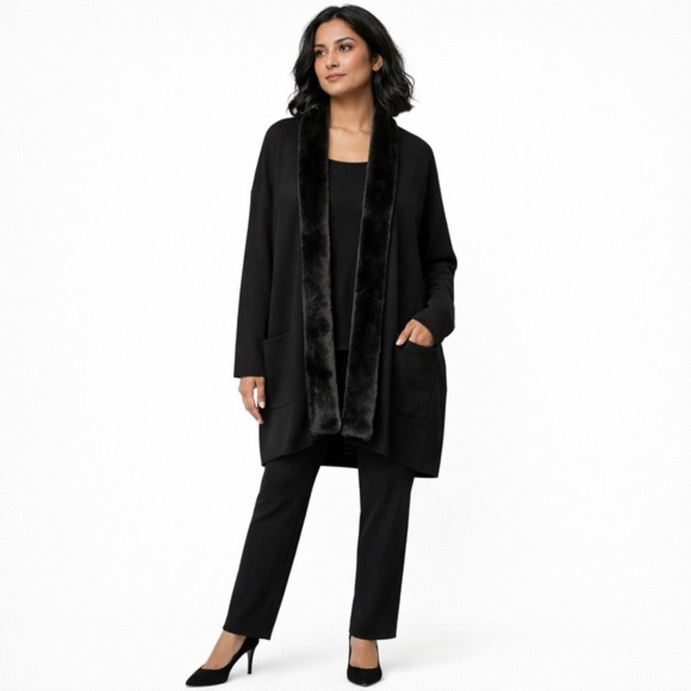 Dialogue Black Faux Fur Trim Merino Wool Blend Cardigan Coatigan 1X‎ Minimalist